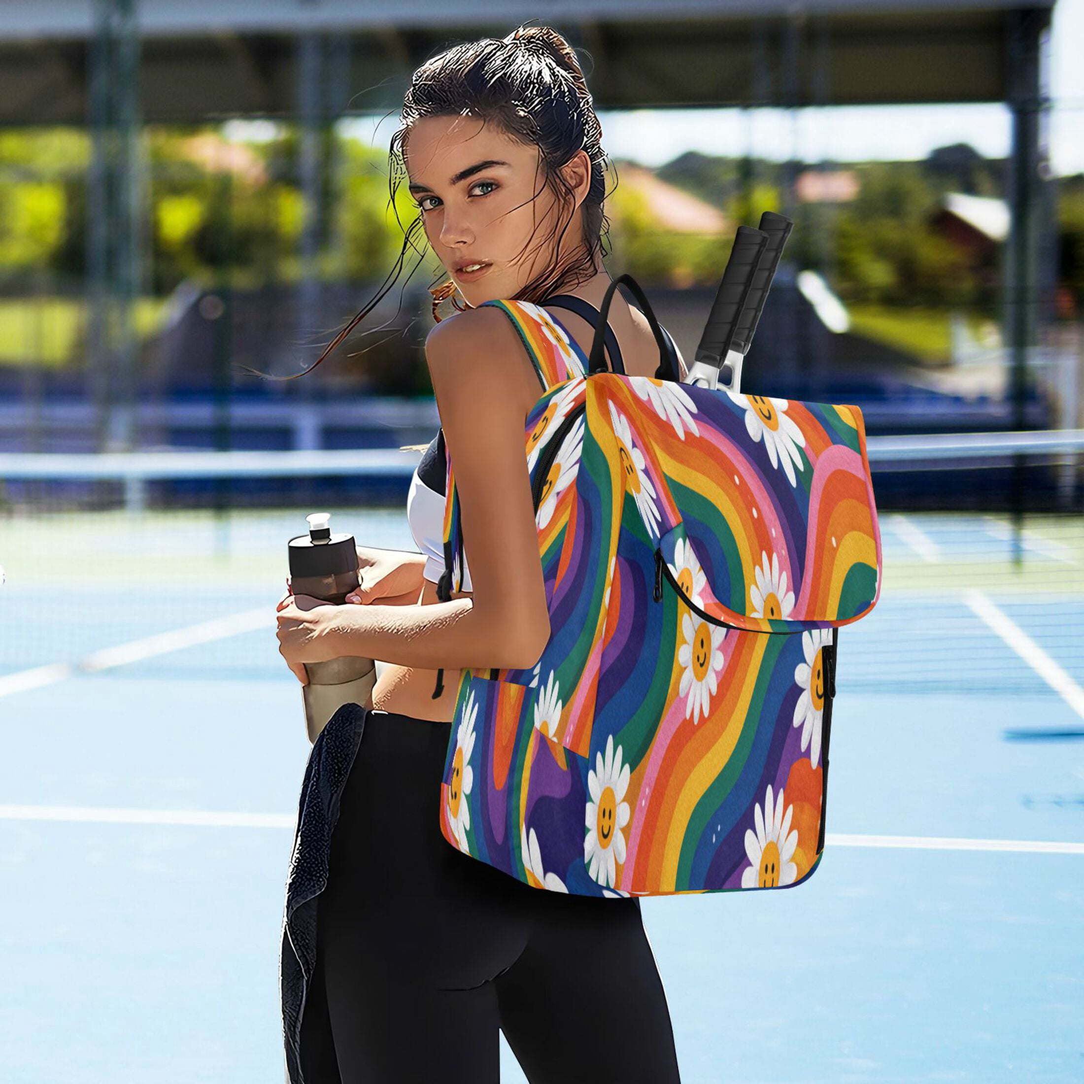 2 Racquet Holder Tennis Backpack Tennis Racket Covers Gym Bags Rainbow-colored Waves with Daisies