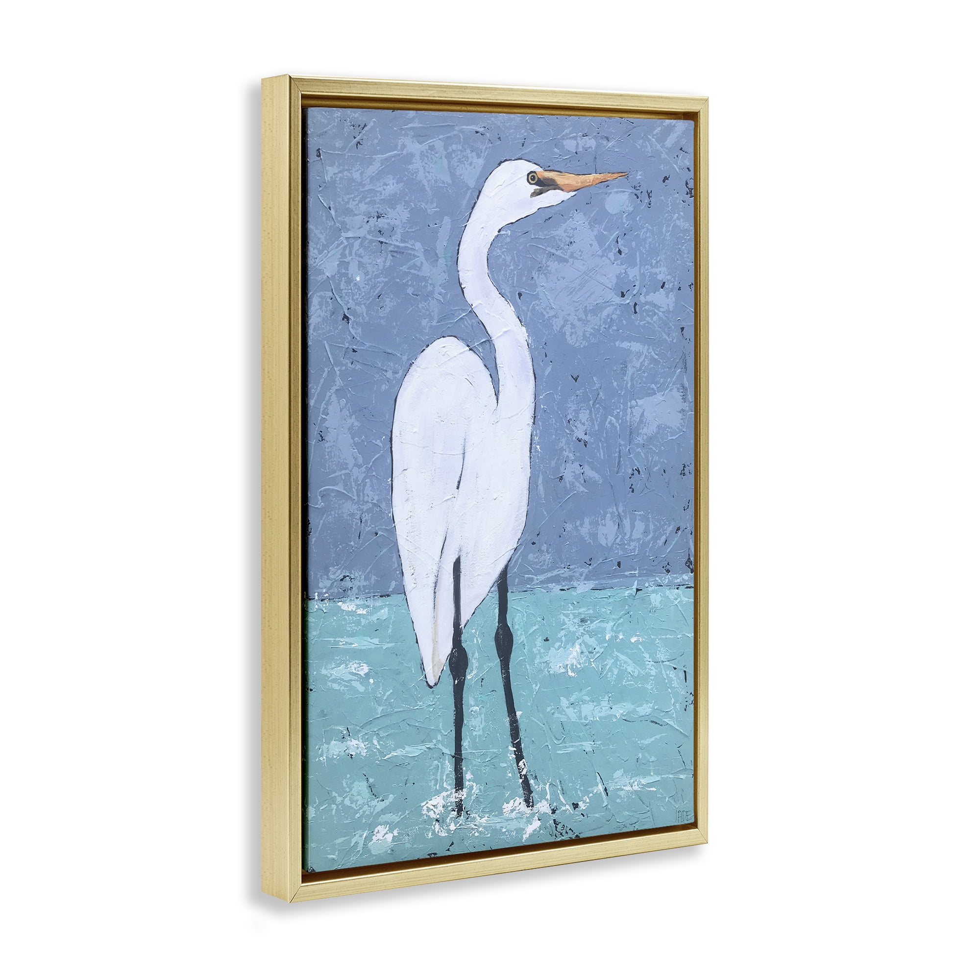 Stupell Industries Sea Heron Standing Animals & Insects Painting Gold Floater Framed Canvas Art Print Wall Art, 17 x 25