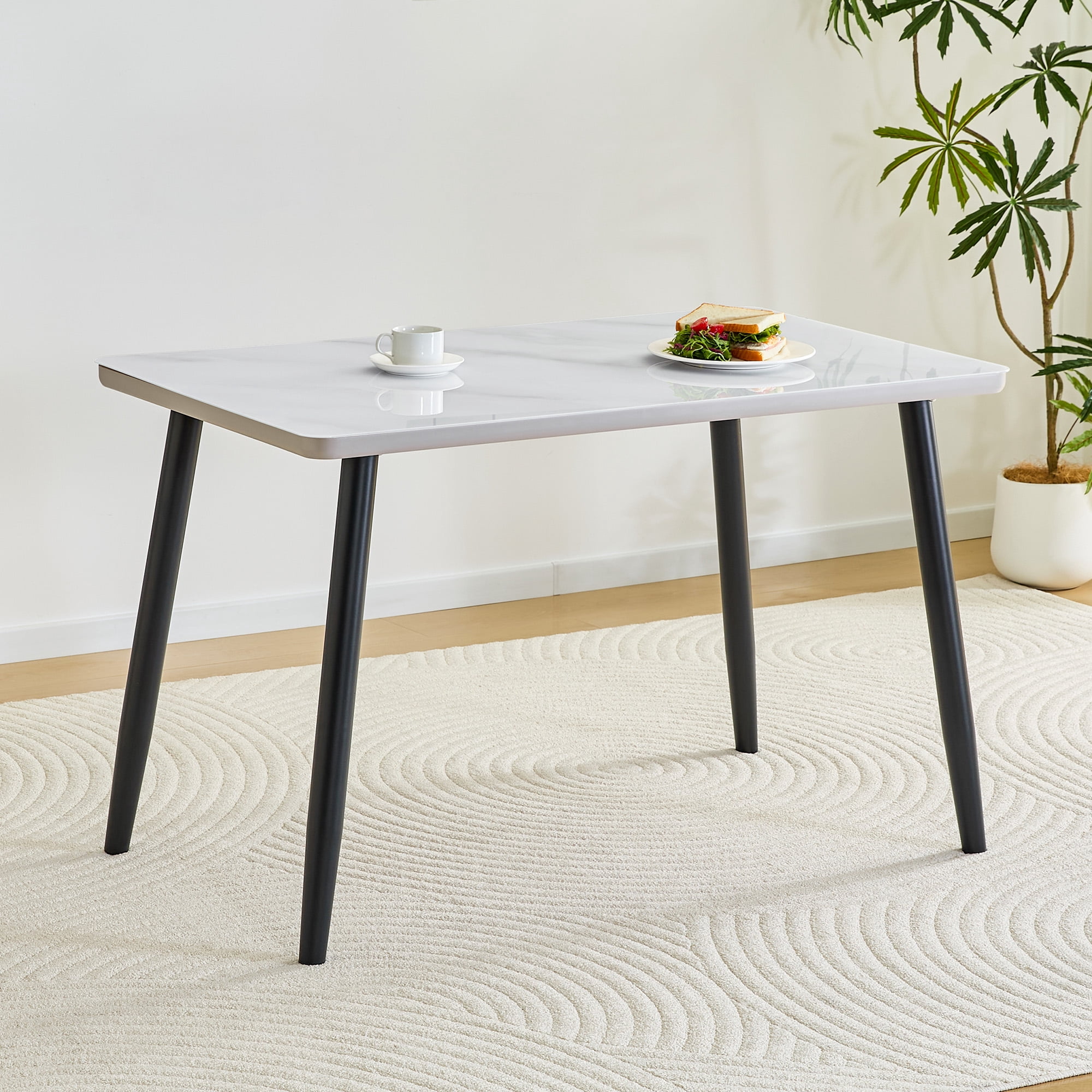 Hi loPres 47" White Modern Rectangular Dining Table for Apartments, Faux Marble Tempered Glass Top Kitchen Desk with Stable Black Metal Legs, Minimalist Style