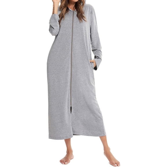 HLSOHJP Women's Long Robe Zip Up Hoodie House Coat Pocket Long Sleeve Full Length Housecoat
