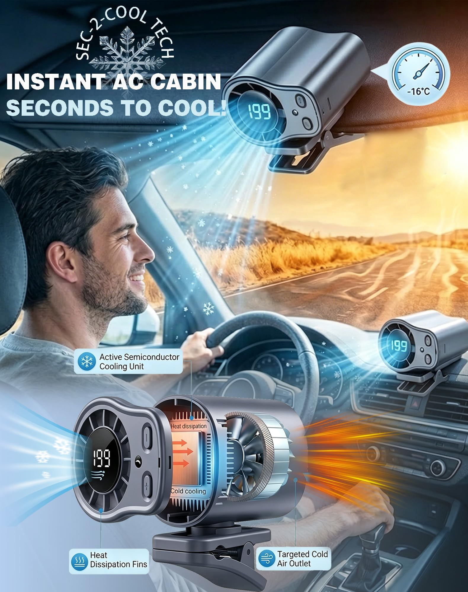 2026 style air wind fan, LED screen - 360° rotation, 199 wind speed, semi-controlled cooling technology, USB charging, free wind fan, suitable for car, workshop, open air (1PCS purple)