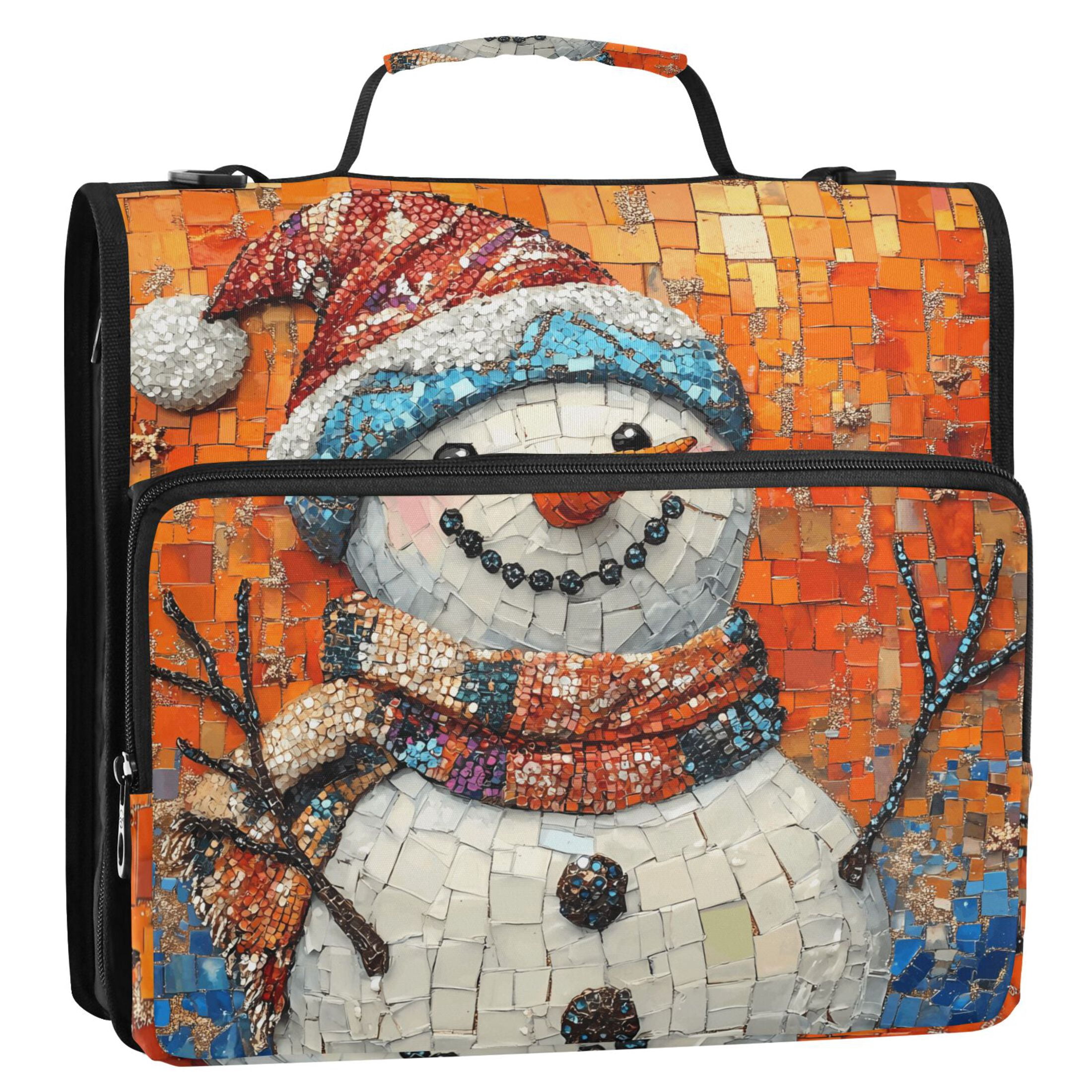 3 Ring Zipper Binder with Shoulder Strap Waterproof Trapper Keeper 2 Inch D-Ring 500 Sheets Capacity Happy Christmas Snowmen