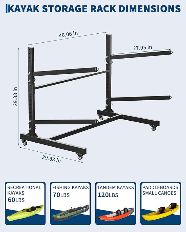 Kayak Storage Rack for 2-6 Kayaks Freestanding Kayak Rack for Outdoor Storage with Movable Wheels, Heavy-Duty Steel Kayak Hanger Holder with Hanging Straps