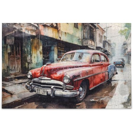Hotbar Jigsaw Puzzle Vintage Red Car 500 Pieces, Zigsaw with Alphabet Partition Storage Bag Easy to Solve 20.5×14.9 in
