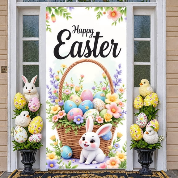 Colorful Easter Eggs Happy Easter Banner Cute Bunny Easter Display Floral Design Spring Theme Easter Backdrop for Easter Party Spring Celebration Family Gathering