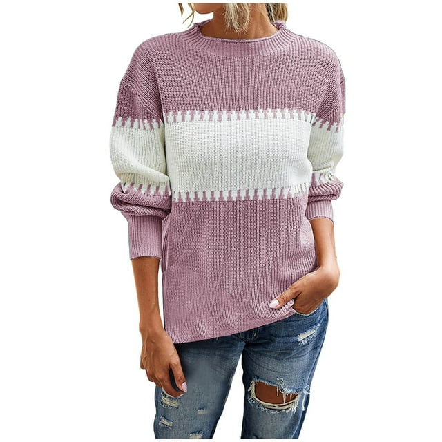 IROINID Chandail à Col Rond pour Femmes, Bloc de Couleur, Décontracté, Mi-Long, Manches Longues, Haut Assorti, Blouse Tricotée