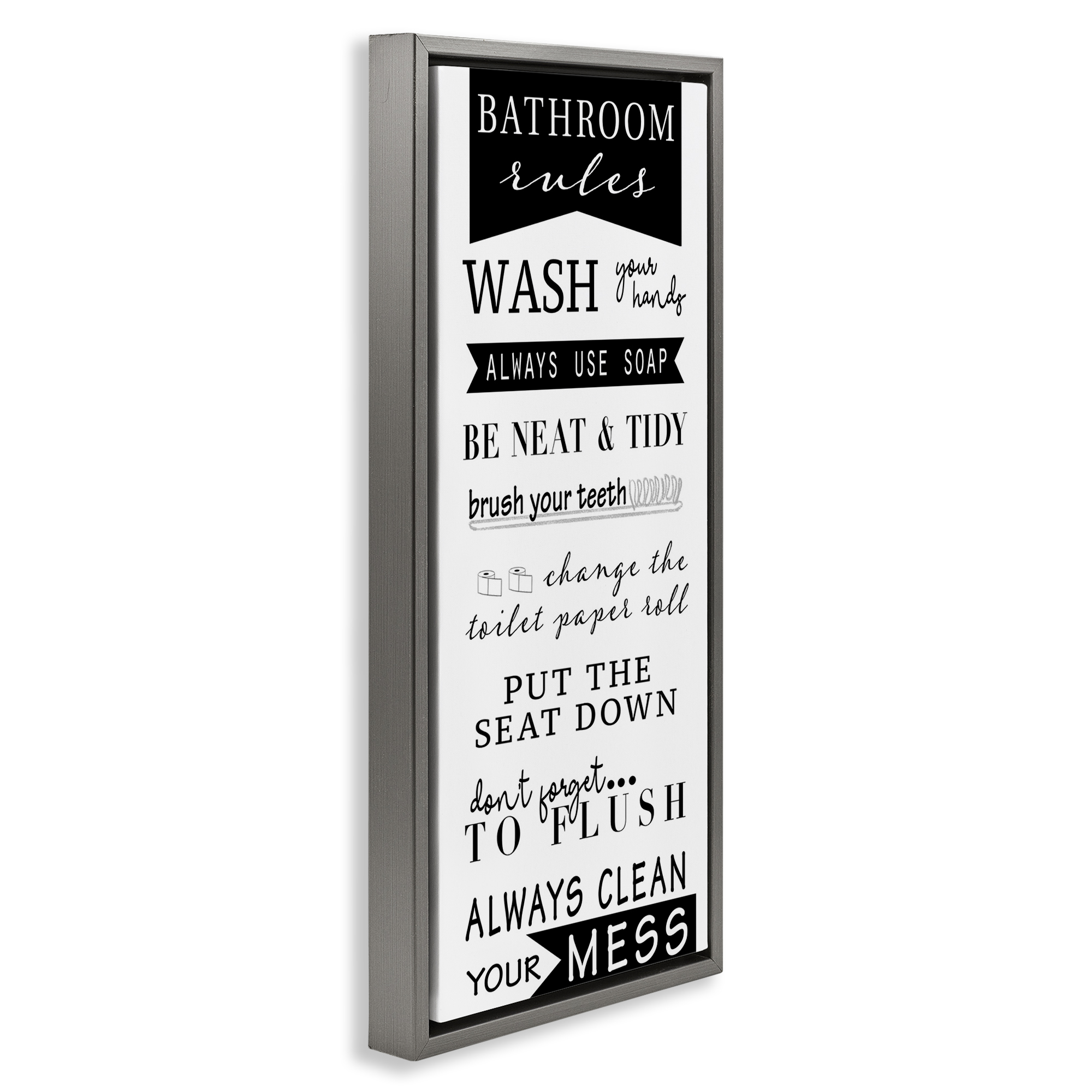 Stupell Industries Black Bathroom Rules Typography Painting Gray Floater Framed Canvas Art Print Wall Art, 11 x 25