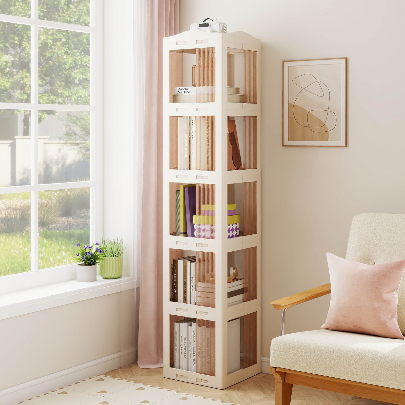Costway 360° Spinning Bookcase with Swivel Base, 5-Tier Revolving Bookshelf Tower for Study