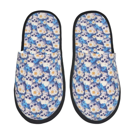 Balery white Skull blue daisy Slient Indoor Furry Fleece Comfort House Shoes Soft Non-Slip Home Shoes Cotton slippers House Slippers-- Medium