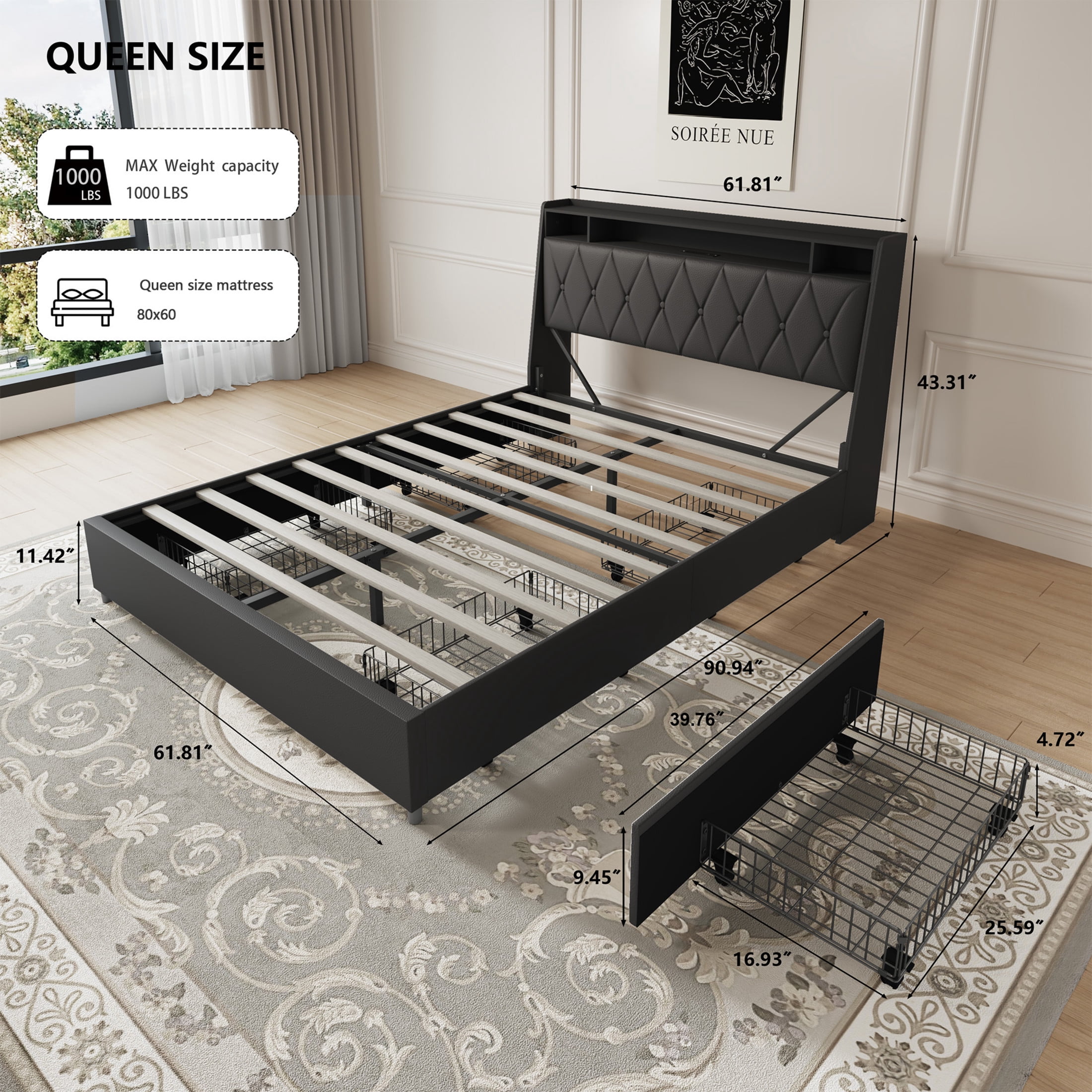 Noble House Lexair Queen Size Bed Frame with Ergonomic Headboard, Built-in Outlets & Charger, Storage Shelf, Black