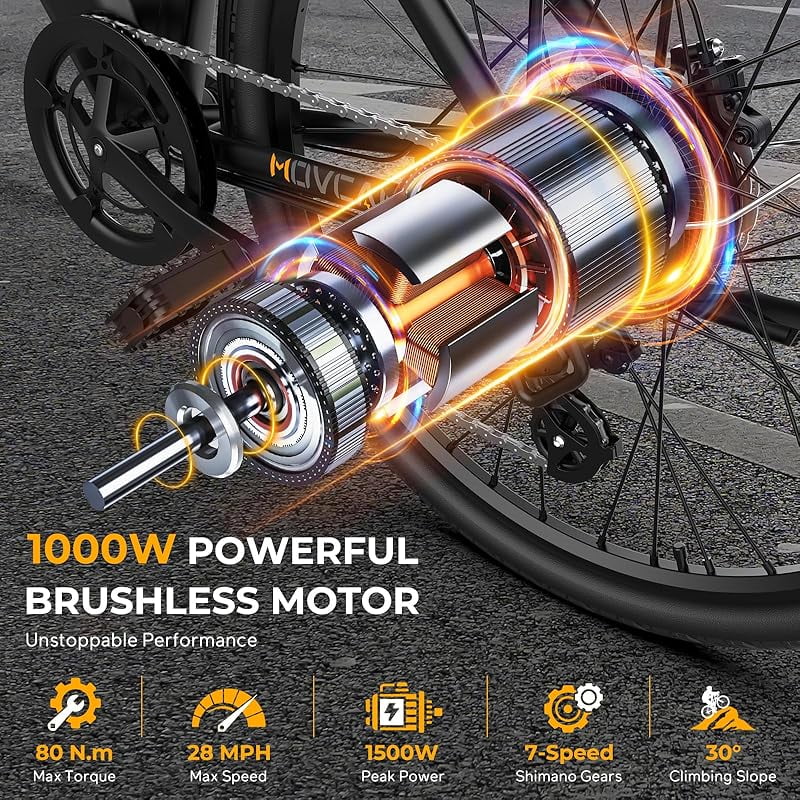 V80 Movcan  Electric Bike, 1000W Motor 28MPH Ebike, 48V 13Ah Removeable Battery, 26''  Cruiser Adult Electric Bicycles up to 70 Miles