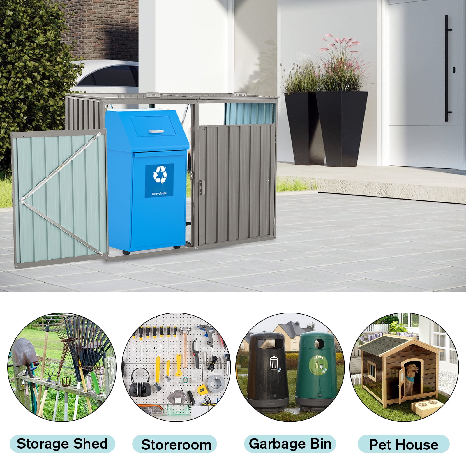 IMagacFun Metal Outdoor Garbage Bin Shed for 2 Trash Cans, Stainless Galvanized Steel Storage Shed for Garden Yard Lawn Gray
