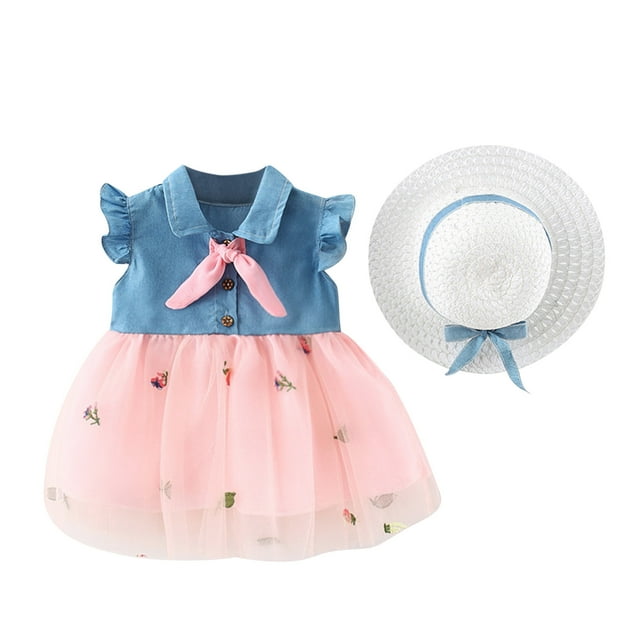 Birdeem Tout-Petits Enfants Bébés Filles Mode Mignon Sans Manches Douce Broderie Imprimé à Volants Robe en Denim Ensemble avec Chapeau