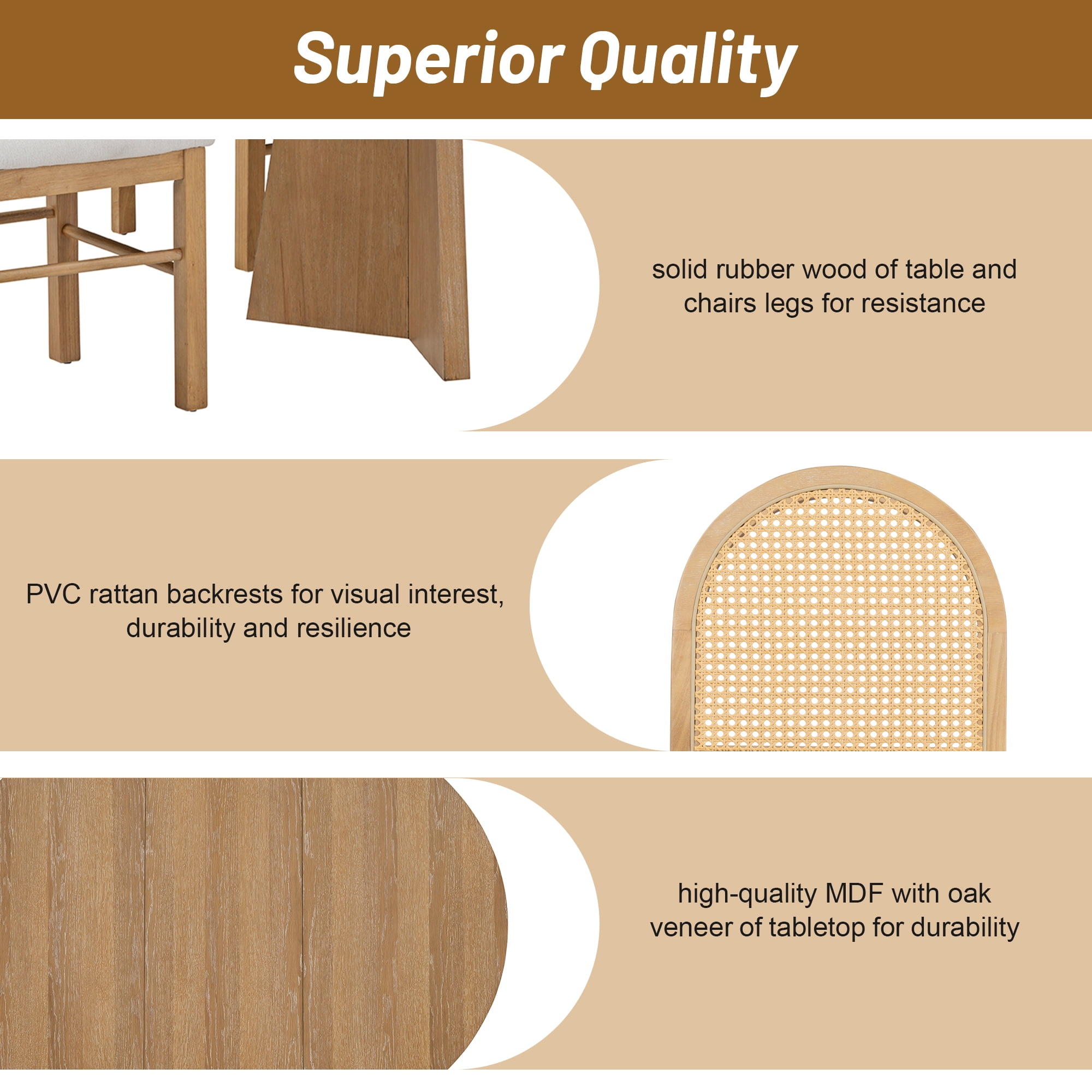 Harper & Bright Designs Round Extendable Dining Table Set for 4, Retro Kitchen Dining Table and 4 Upholstered Chairs with Rattan Backrests for Dining Room, Natural Wood Wash