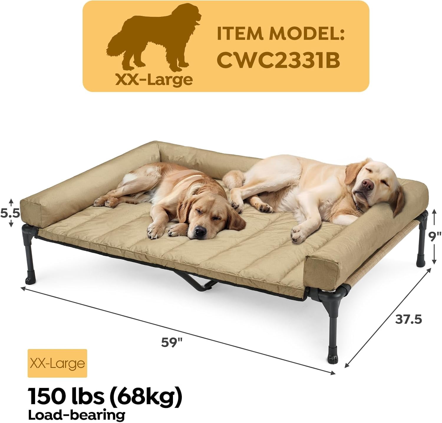 Cooling Elevated Dog Bed Add Removable Waterproof Bolster Cushion Mat, Raised Pet Cot with Breathable Teslin Mesh, No-Slip Feet, Dog Couch Bed for Indoor Outdoor, 59x37.5inches, Beige,