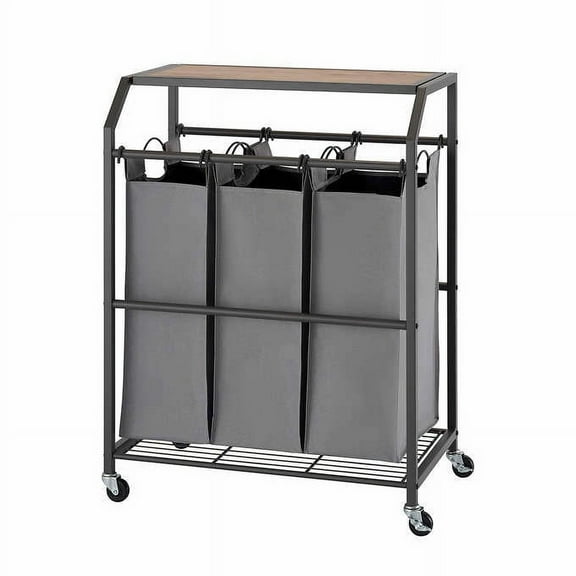 Trinity 3-bag Laundry Cart with Flip-up Top with wheels and 3 Removable Laundry Bags. 85 lb Capacity.