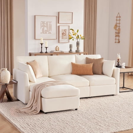 85" Convertible L Shaped Couch, Sectional Sofa for Living Room,Chenille Cloud Couch with Ottoman 4 Seat (Beige)