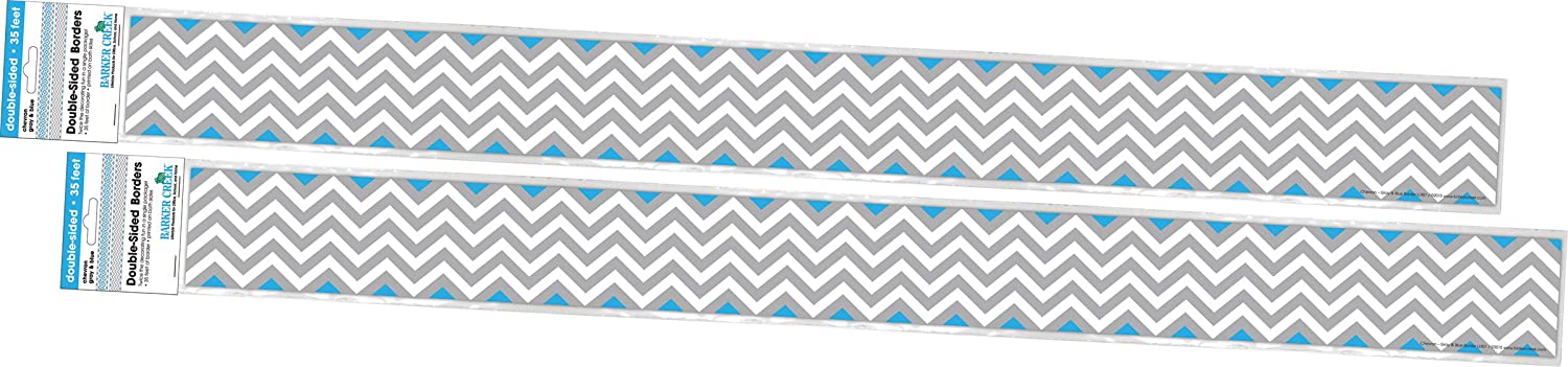 Barker Creek Double-Sided Border 2-Pack, Gray & Blue Chevron, Decorate Galore with 70' of Border, Coordinating Designs Printed On Both Sides for Twice the Value, 3" x 70' (3657)