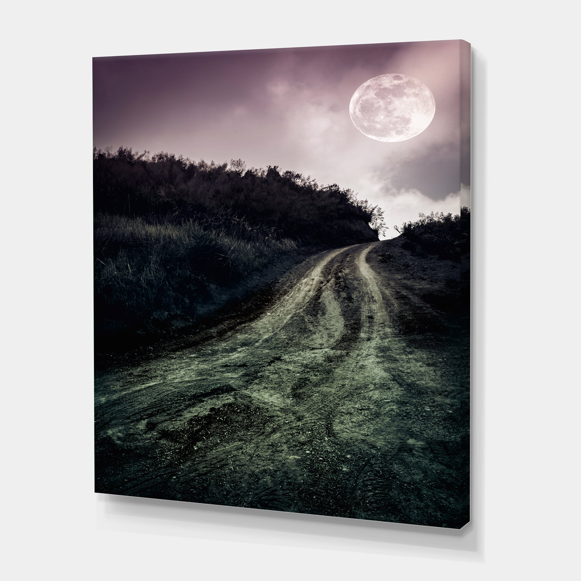 Designart ' Countryside Muddy Road Under Full Moon ' Modern Canvas Wall Art Print