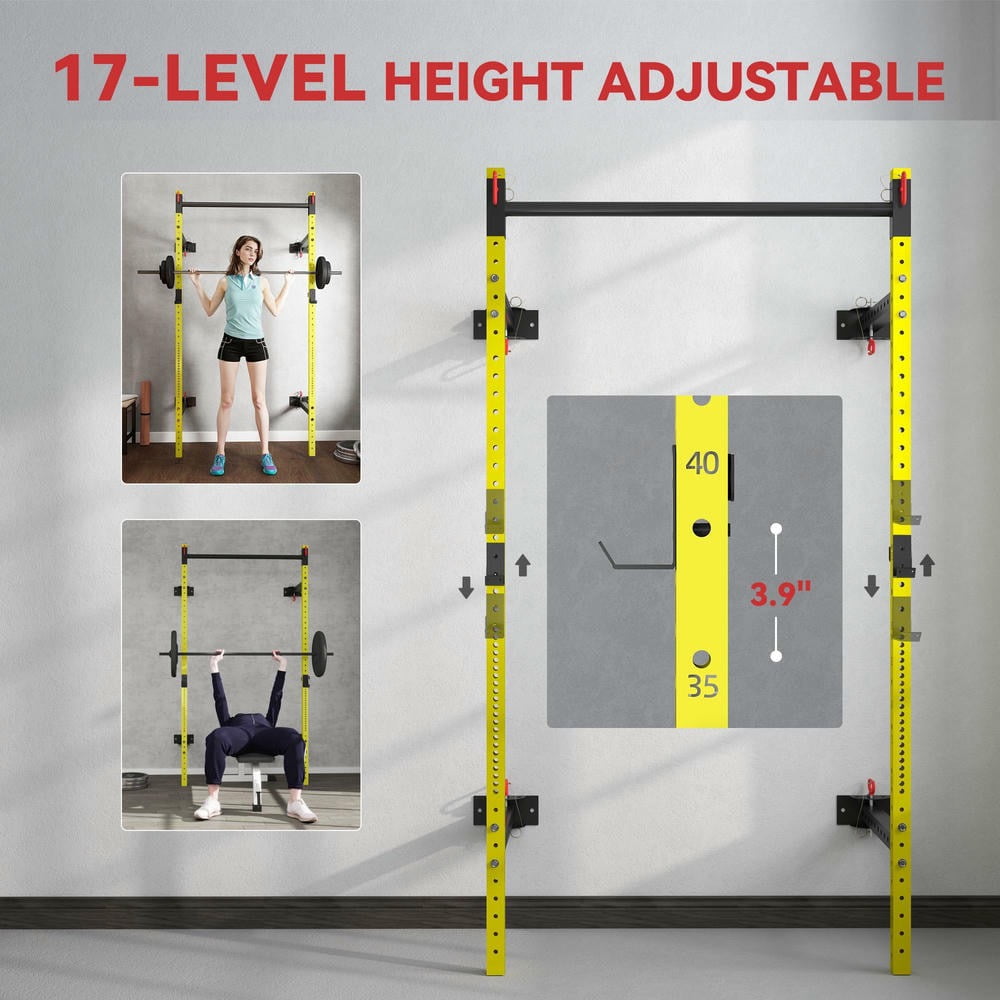 Barara King Adjustable Multi-Functional Racks with Pull Up Bar, Wall Mounted and Adjustable, Barbell Racks with 1000 Pounds Capacity, Yellow