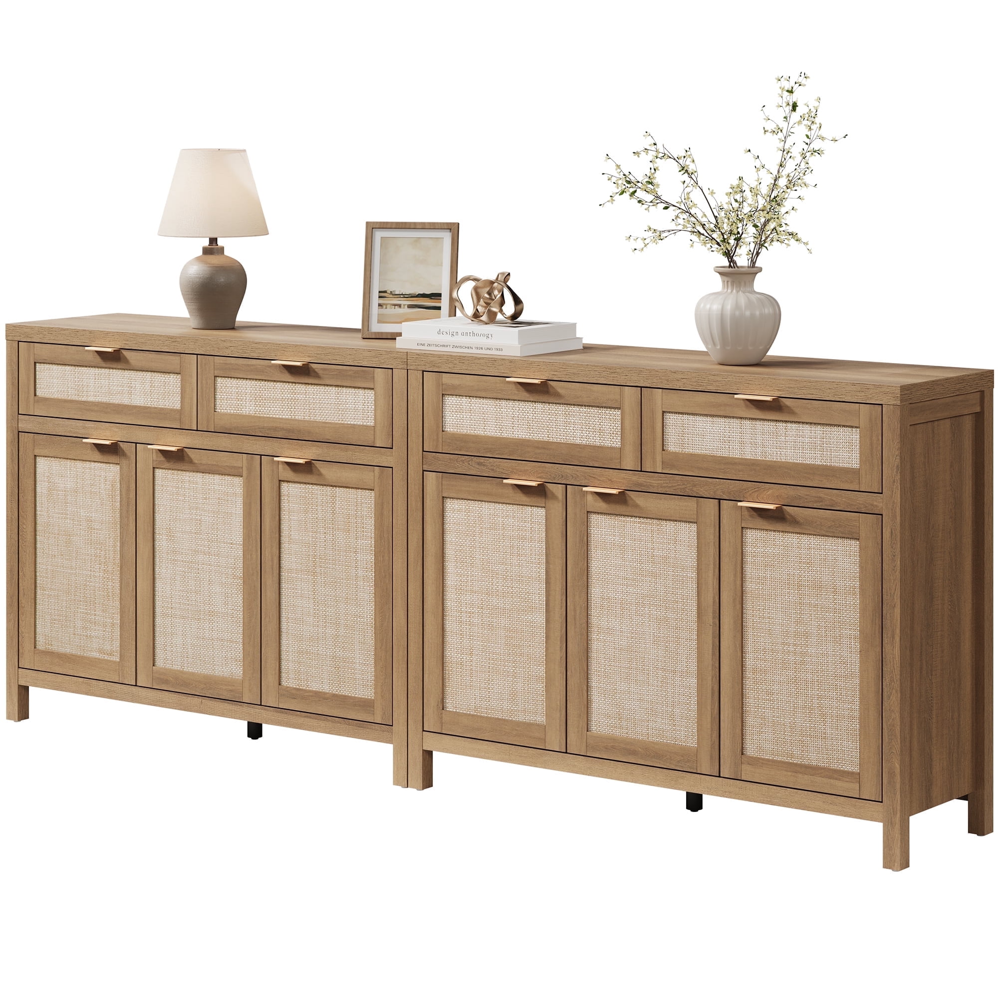 SICOTAS 43.5"W Boho Sideboard Buffet Set of 2 with 3 Rattan Doors & 2 Large Drawers –Farmhouse Buffet Cabinet with Adjustable Shelves & Sotrage for Living Room, Entryway, Kitchen,Natural Oak