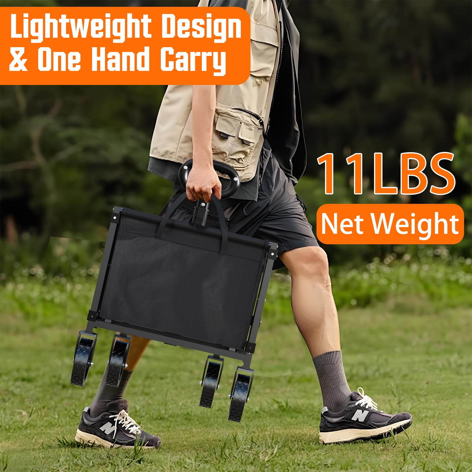 Yacona Wagon Cart Foldable, Portable Utility Shopping Cart with Wheels, Heavy Duty Grocery Cart for Beach, Outdoor Camping, Garden, Sports, Black