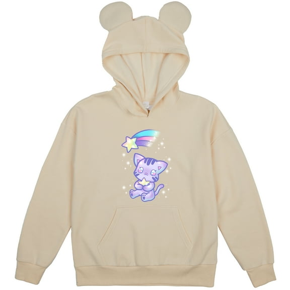 Kawaii Cat Shooting Star Youth Off-White Long Sleeve Hooded Sweatshirt With 3D Ears-Medium