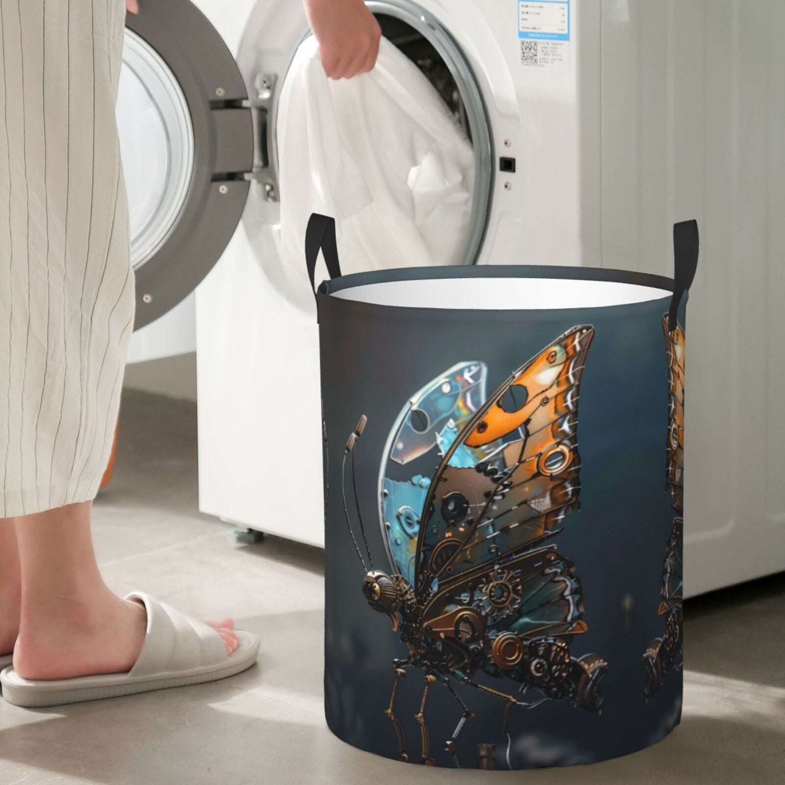 Large Laundry Basket with Handles - Steampunk Mechanical Butterfly Kids Baby Dirty Clothes Laundry Hamper for Bedroom Aesthetic