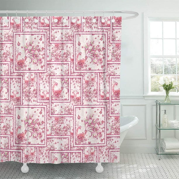 Atabie Brown Abstract Fl Pattern Fabulous Birds On White Pink Shower Curtain 66x72 Inch Com Atabie Brown Abstract Fl Pattern, Pink And Brown Shower Curtain