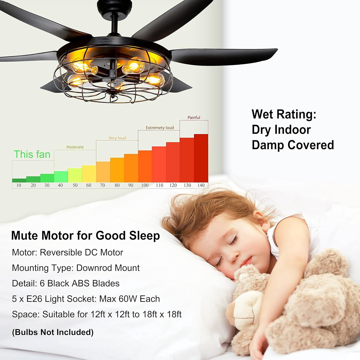 Ohniyou 52" Caged Outdoor Ceiling Fan with Light and Remote Farmhouse Rustic Black Ceiling Fans for Patio Home Kitchen Bedroom