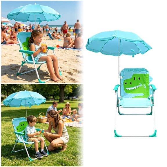 Kids Folding Beach Chair with Adjustable Umbrella, Dinosaur Toddler Beach Seat