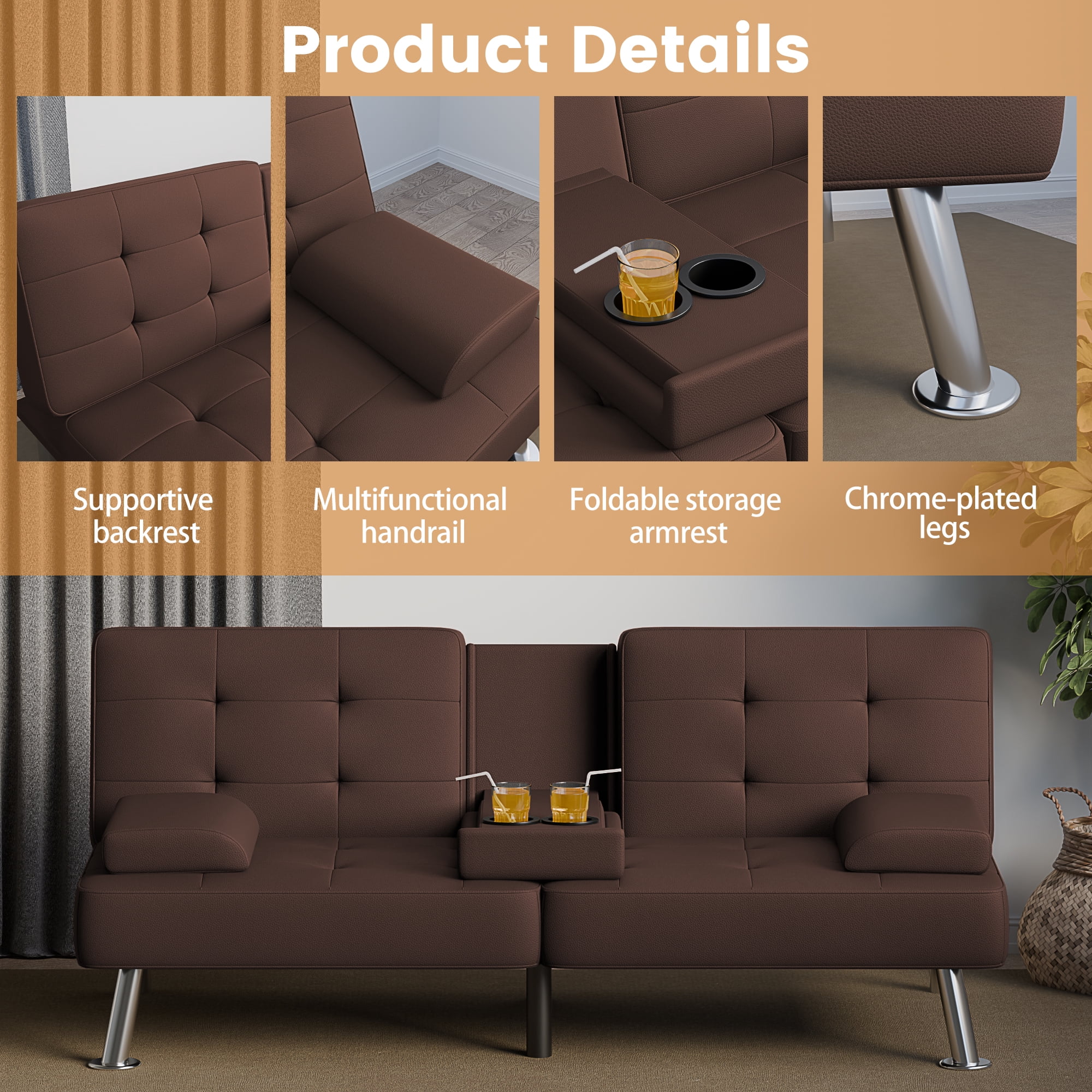 Vineego Futon Sofa Bed Folding Leather Modern Couch with 2 Cup Holders,Removable Armrests,Brown