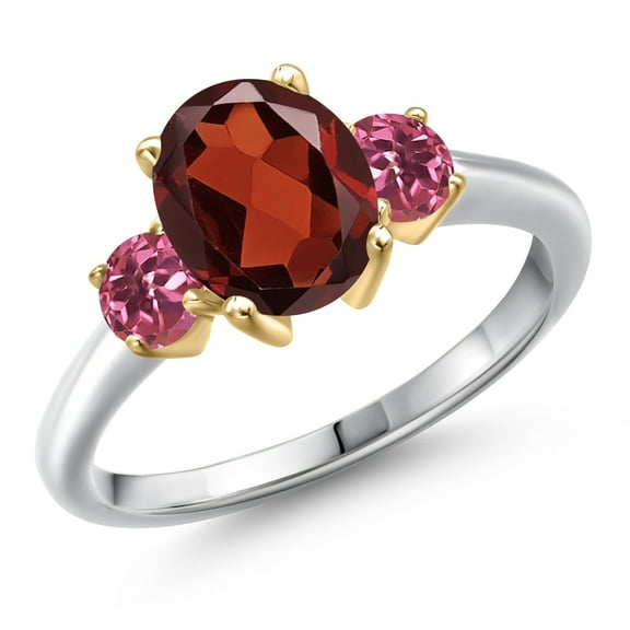 Gem Stone King 10K Two Tone Gold Red Garnet and Pink Tourmaline Engagement Ring for Women | 2.63 Cttw | Oval 9X7MM | Gemstone January Birthstone | Size 7