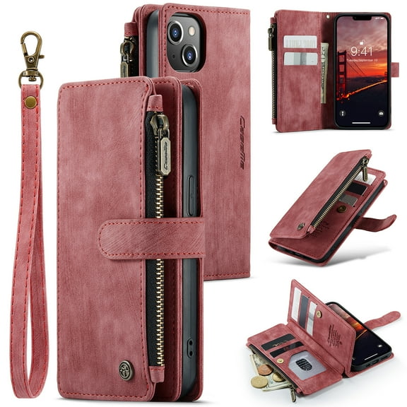 Zipper Wallet Case for iPhone 14, Premium PU Leather Wrist Hand Strap Card Slots Holder Flip Folio Cover with Magnetic Suction Kickstand Large Capacity Shockproof Case,Red