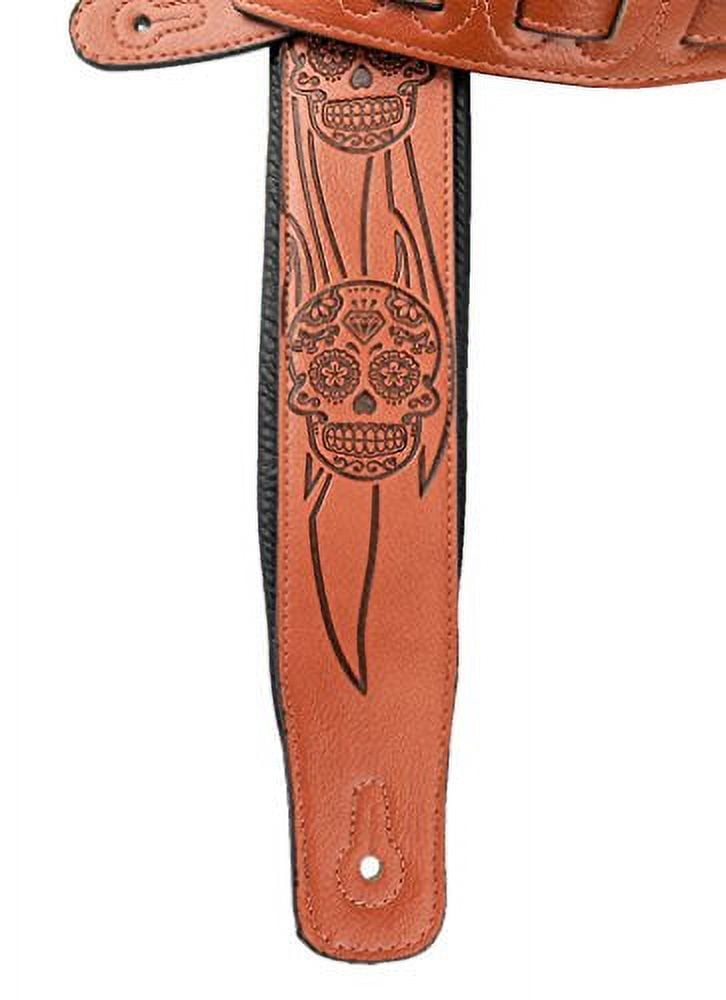 Walker & Williams GM-1275 Sienna Brown Padded Guitar Strap with Embossed Skulls