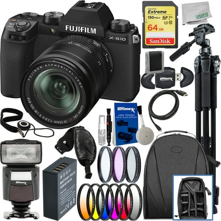 FUJIFILM X-S10 Mirrorless Camera with 18-55mm Lens with Deluxe Accessory Bundle: SanDisk 64GB Extreme SDXC, Spare Battery, Filter Kits & Much More (31pc Bundle)