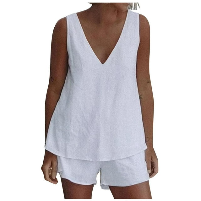 Mujeres Casual Verano Cuello en V Sólido Sin mangas Tops y pantalones cortos Conjunto de dos piezas Traje Wmkox8yi bvn1151
