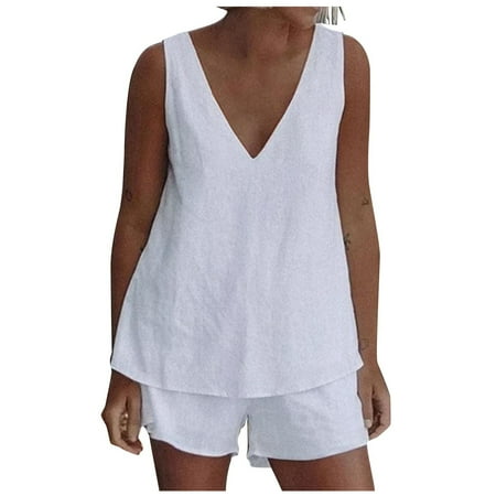 

Homenesgenics Womens Suit Plus Size Pajamas for Women Women Casual Summer V Neck Solid Sleeveless Tops and Shorts Two Pieces Set Suit