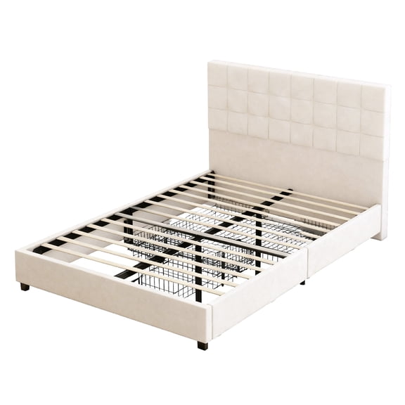 Queen Size Upholstered Storage Bed Frame with 4 Drawers Modern Platform Bed Frame with Vertical Channel Headboard Wooden Slats Under Bed Storage,Beige