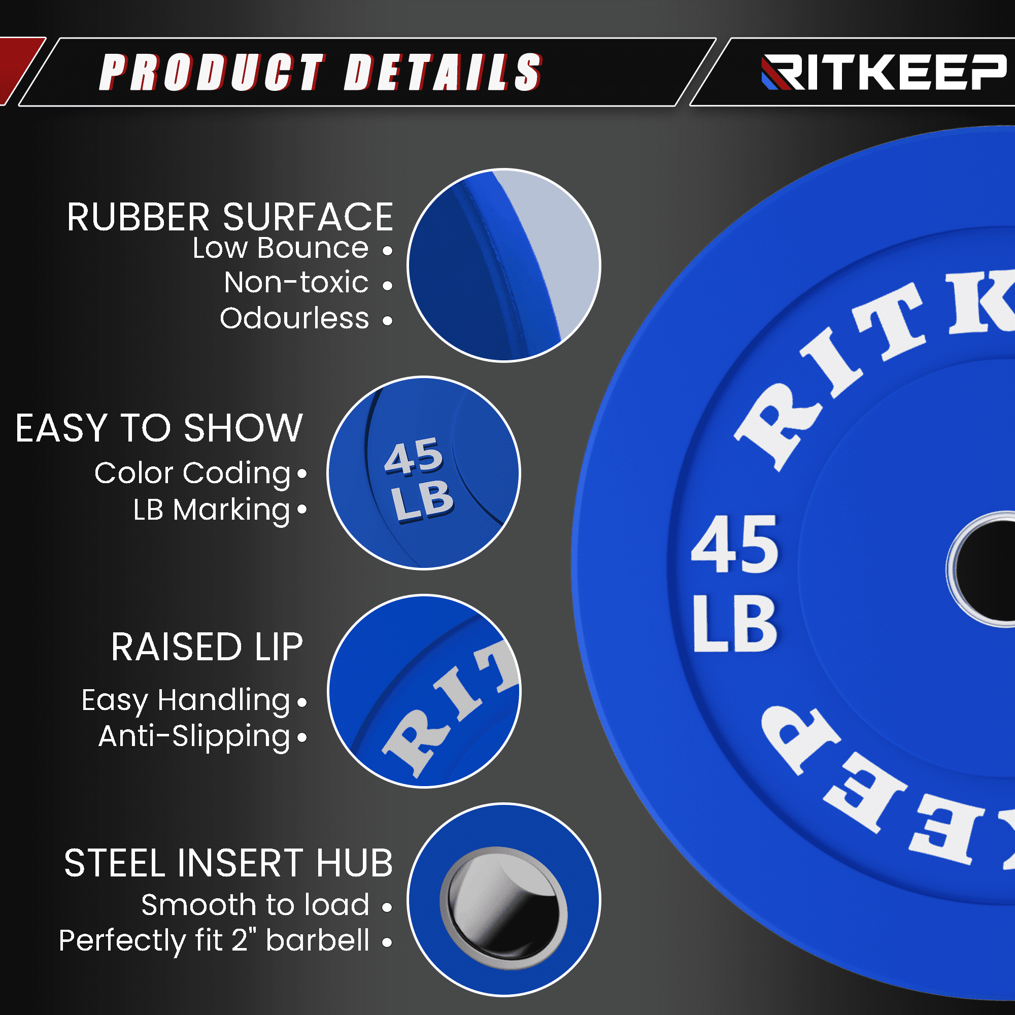 Ritkeep 2" Olympic Low Bounce Color Rubber Bumper Weight Plates for Weightlifting, Barbell Set for Home Gym Strength Training