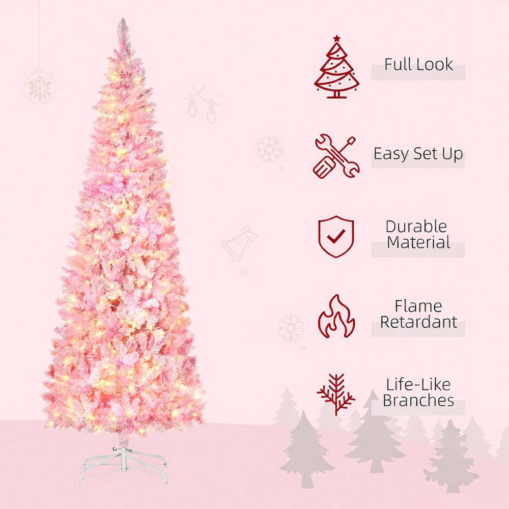 7.5ft Prelit Pink Snow Flocked Christmas Tree 700 Tips 350 LED Lights Auto-Open Branches Indoor Decor