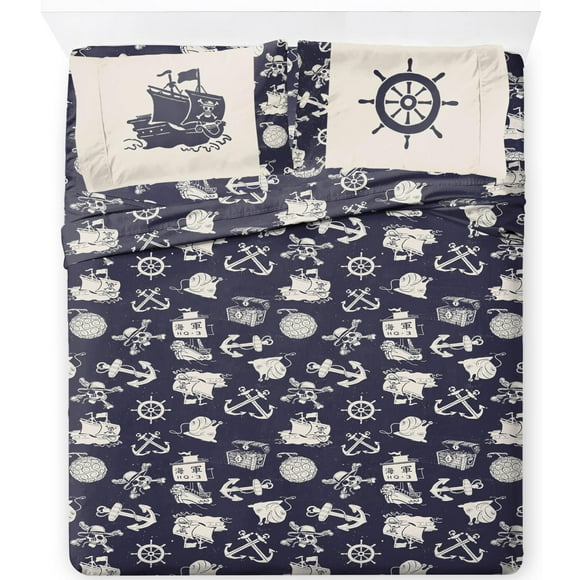 Jay Franco Ensemble de Draps une Pièce Taille Complète - Ensemble de Literie Nautique Anime 4 Pcs Comprend Taie d'Oreiller - Draps en Microfibre Bleue Super Douce