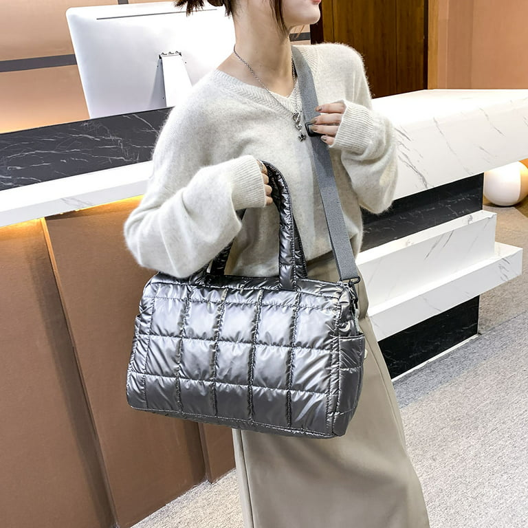 Yucurem Puffy Crossbody Bag Quilted Lattice Shoulder Bags Down Cotton  Padded Handbag Lightweight Nylon Hobo Bag for Women (Silver)