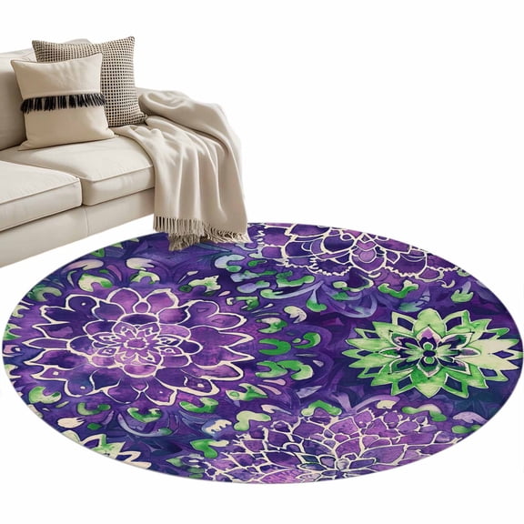 Purple Green Flowers Round Area Rug 4 FT, Non Slip Indoor Outdoor Rug, Watercolor Vintage Botanical Washable Soft Circular Carpet Non-Shedding Floor Mat for Coffee Table Nursery Foyer Balcony