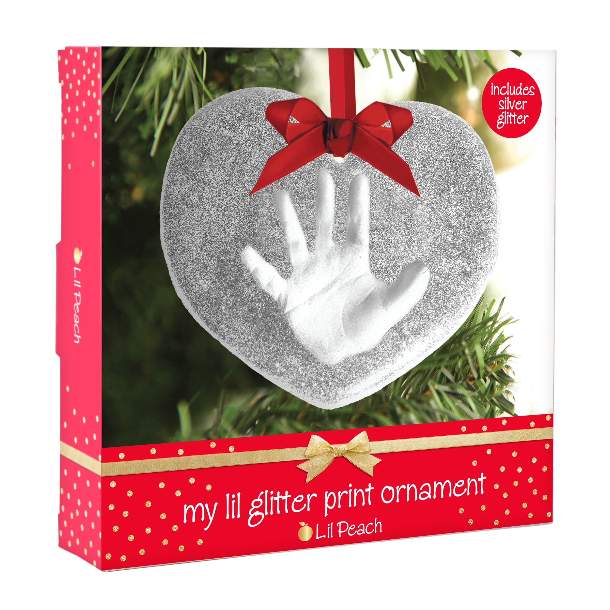 Lil Peach Glitter Handprint Ornament, Heart Silver