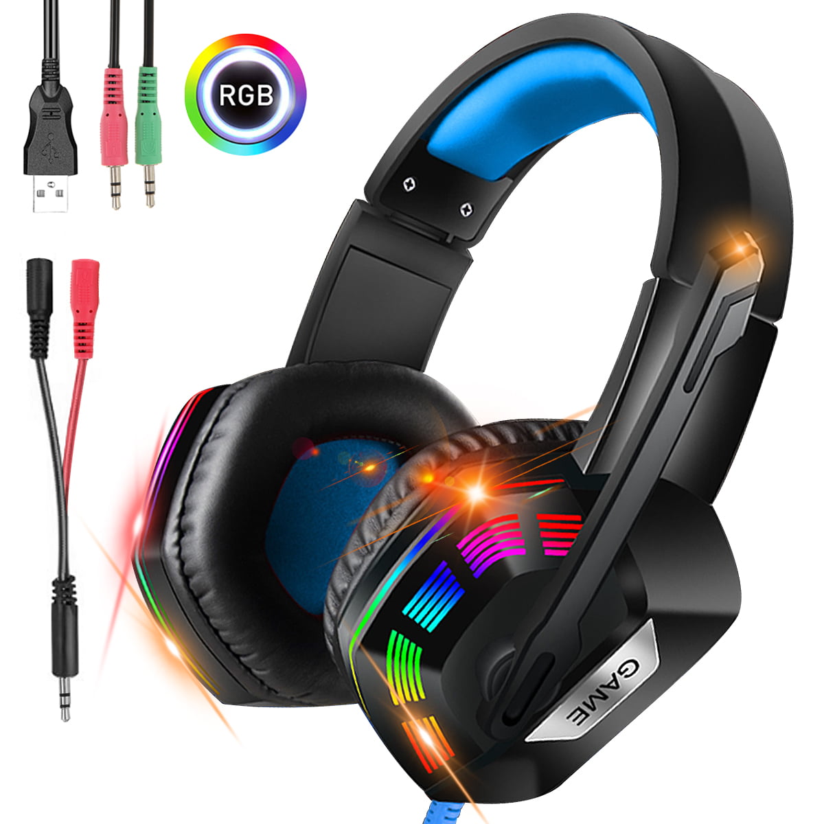 Gaming Headset with 360° Adjustable Microphone for PS4 Xbox Switch and PC, Stereo Bass 7.1 Surround Headphones with LED Wired Over-Ear Earmuffs for iPad Smart Phone Walmart.com
