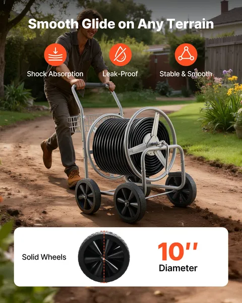 Heavy Duty 250 ft 5/8 Inch Garden Hose Reel Cart with 4 Wheels Storage Basket Powder Coated Steel Mobile Water Hose for Yard Lawn