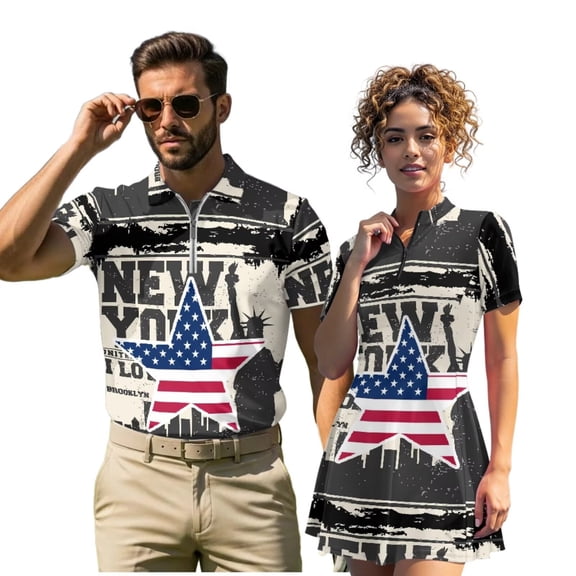 Aplkyhs Matching Couple Tennis Shirts New York American Flag Star Quarter Zip Matching Golf Shirts for Couple Machine Washable Mens Hawaiian Shirt for Golf,Tennis,Hiking,Running,Gym
