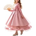 thumbnail image 2 of LEKWK Girls Princess Gown Long Sleeve Lace Satin Formal Midi Dress Bow Waist Tiered Tulle Wedding Flower Girl Dress for Pageant Host Recital Birthday Party, 2 of 8
