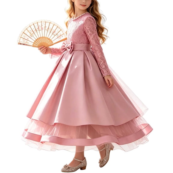 Gshsefon Toddler Kids Girls Dress Solid Color Long Sleeve, Maxi Dress Satin Bodice Mesh Party Princess Gown 5-15 Years